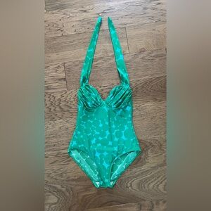 Boden Womens Polka Dot Green And Blue Halter One Piece Swimsuit Size 12